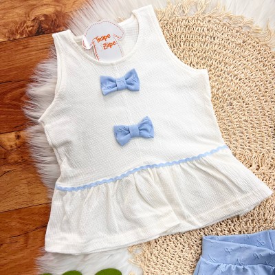  Conj. Blusa Anarruga Dois Laços e Short - Off White e Azul Bebê